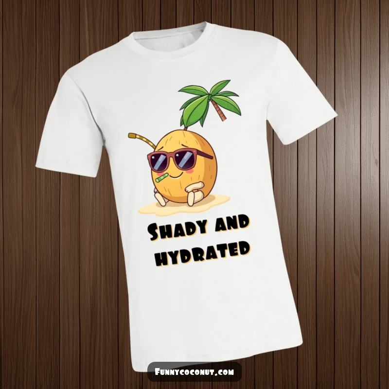 Funny coconut t-shirt, a smiling coconut wearing sunglasses and a straw, lounging on a beach, perfect for summer fun.