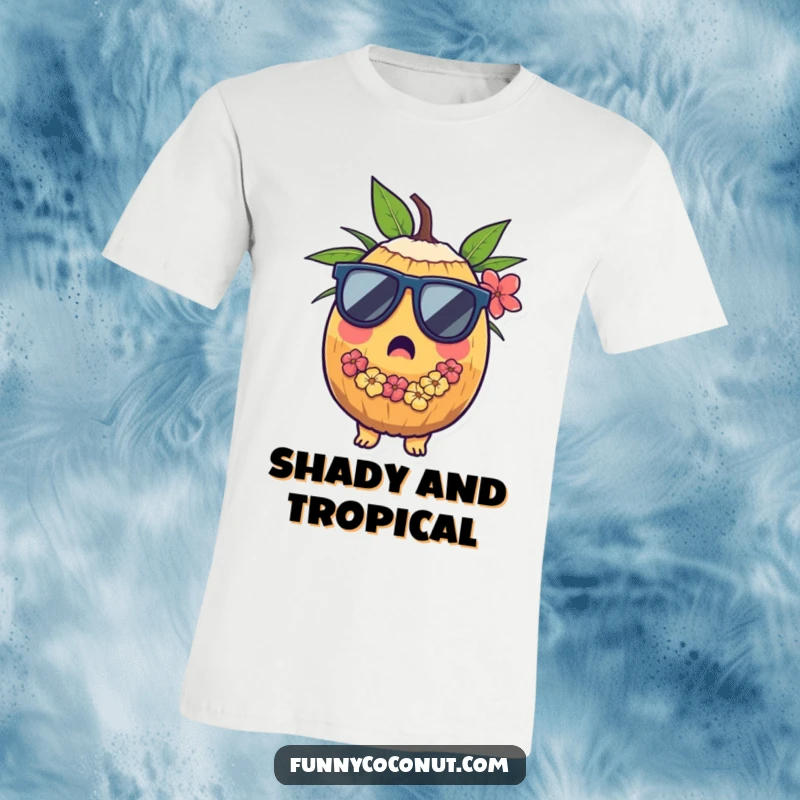 Funny t-shirt with a coconut character looking surprised, sporting sunglasses and a festive lei, ready for fun.