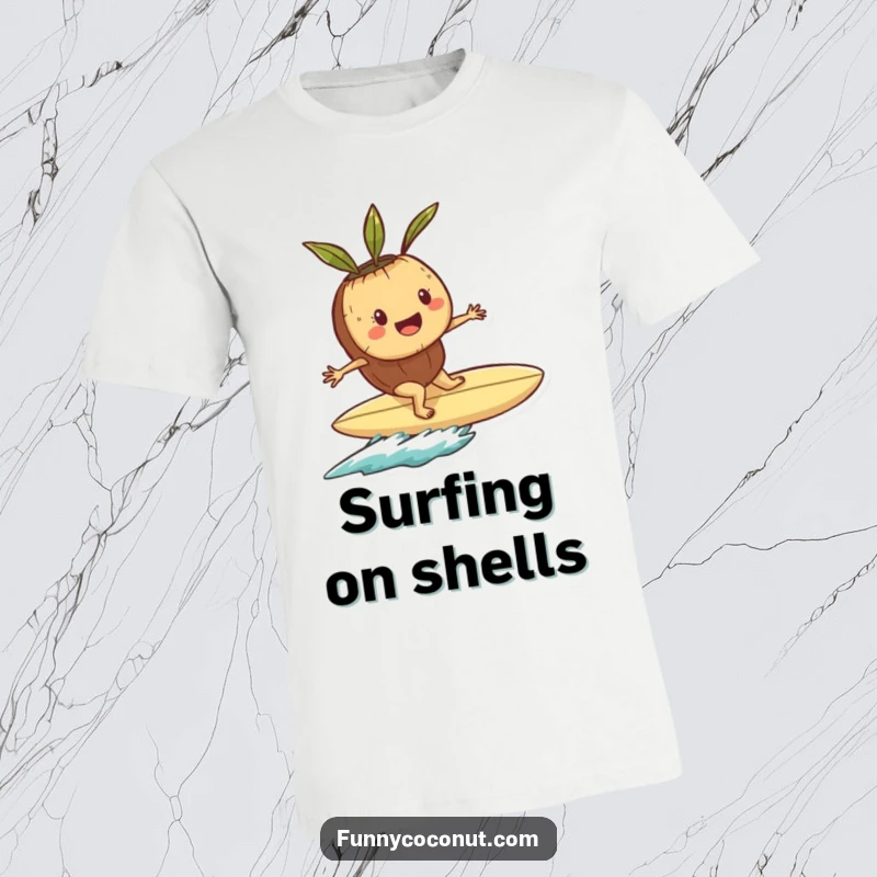 Funny t-shirt with a cheerful coconut character balancing on a large seashell surfboard, ready to catch a wave.