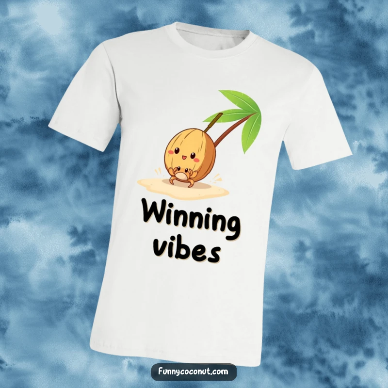 Funny t-shirt print of a coconut racing a tiny crab on the sand, showcasing a silly competition.