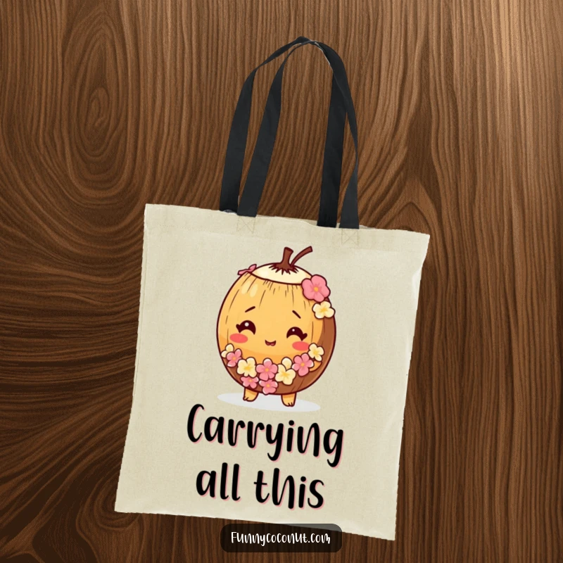 Funny tote bag showing a bewildered coconut wearing a tiny lei, perfect for everyday use.
