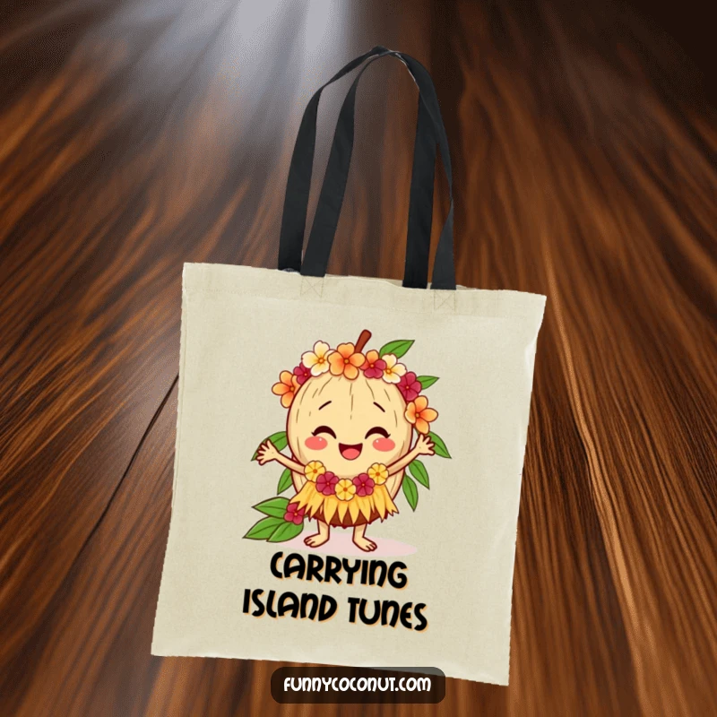 Funny coconut tote bag showing a happy coconut in a hula dance pose with a lei, perfect for carrying essentials with tropical flair.