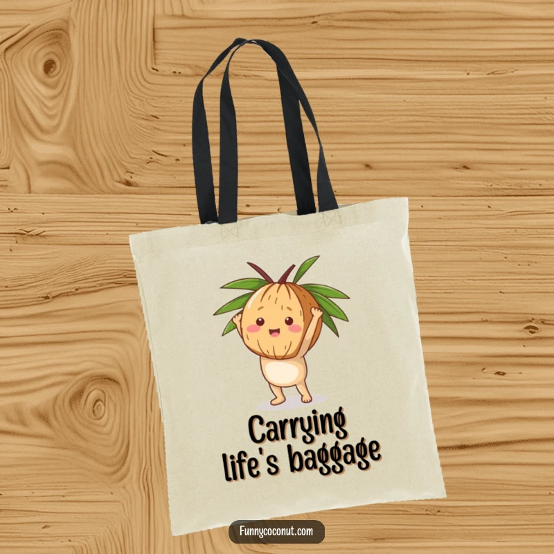 Funny Coconut Handstand Tote Bag, a happy character balancing in a handstand on its husk, ready for any activity.