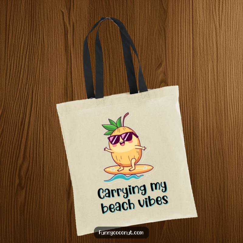 Funny tote bag featuring a cheerful coconut with sunglasses riding a surfboard, ready for a beach adventure or daily errands.