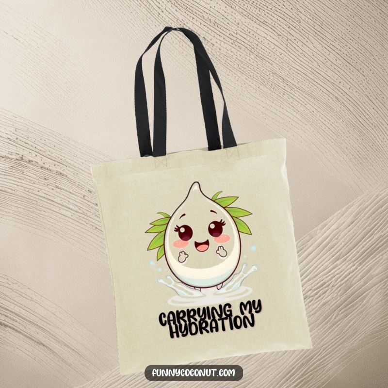 Funny coconut water droplet character tote bag, making tiny splashes, practical and charming for everyday use.