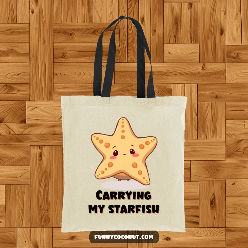Funny tote bag depicting a shy coconut character peeking from behind a large, friendly starfish, a charming marine-themed accessory.