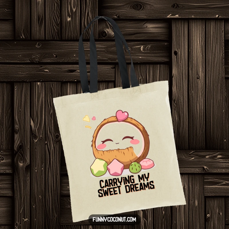 Funny coconut tote bag illustrating a sleepy coconut dreaming of tasty treats, ideal for shoppers who love humor and convenience.