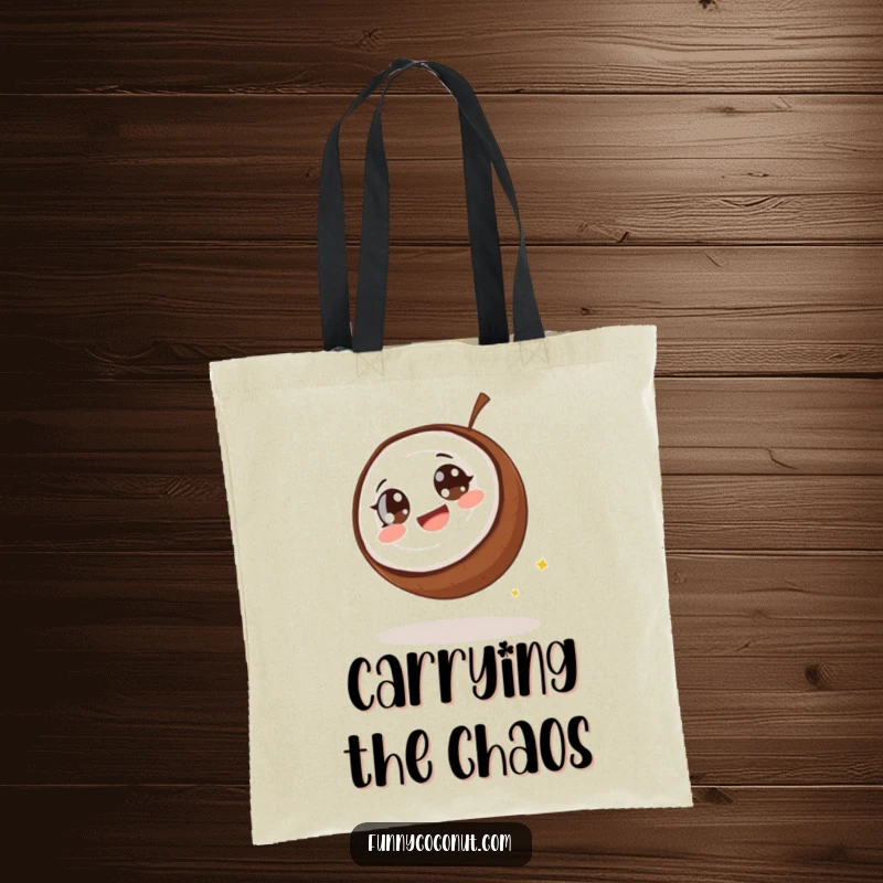 Funny coconut tote bag, a coconut with wide eyes giggling as it rolls downhill, showcasing a sense of playful abandon.