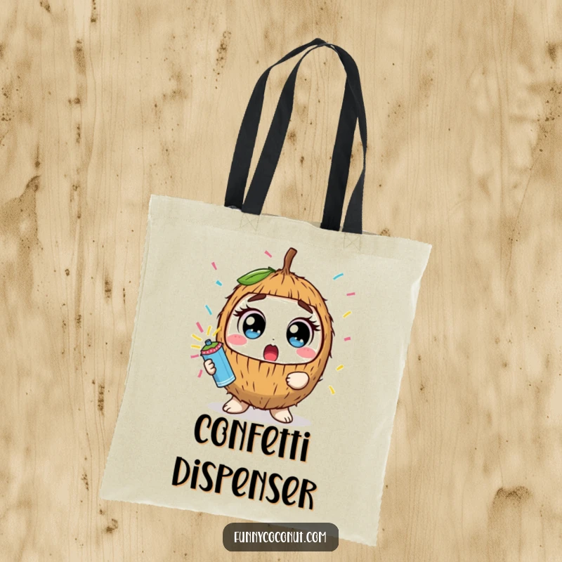 Funny kawaii coconut with wide eyes holding a confetti popper, on a durable tote bag, ready for any event.