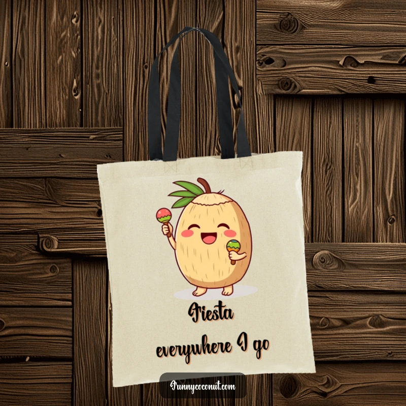 Funny tote bag illustration of a happy coconut character joyfully shaking small maracas, perfect for carrying essentials with a festive vibe.