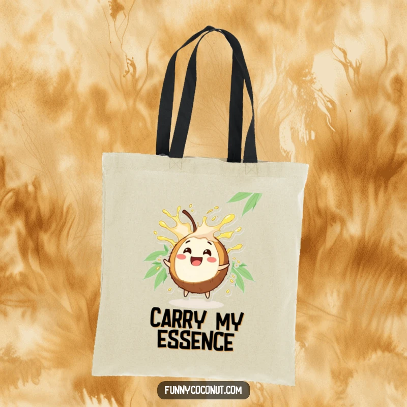 Funny Coconut Tote Bag: A cheerful coconut character bursting juice, designed for carrying essentials with tropical flair.