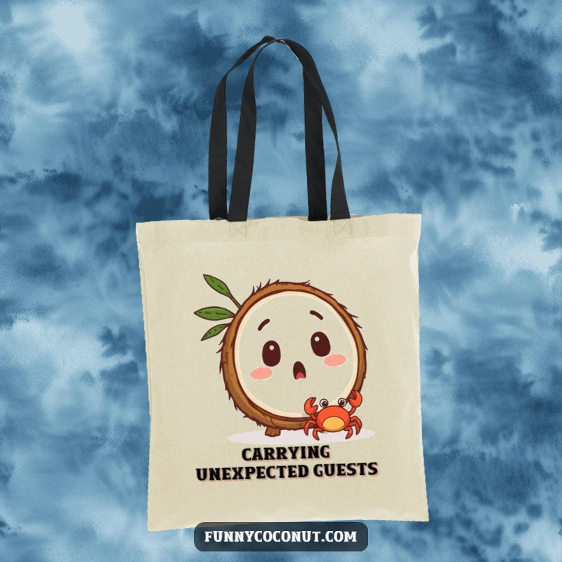 Funny surprised coconut character watching a tiny crab scuttle away, a stylish and spacious tote bag.