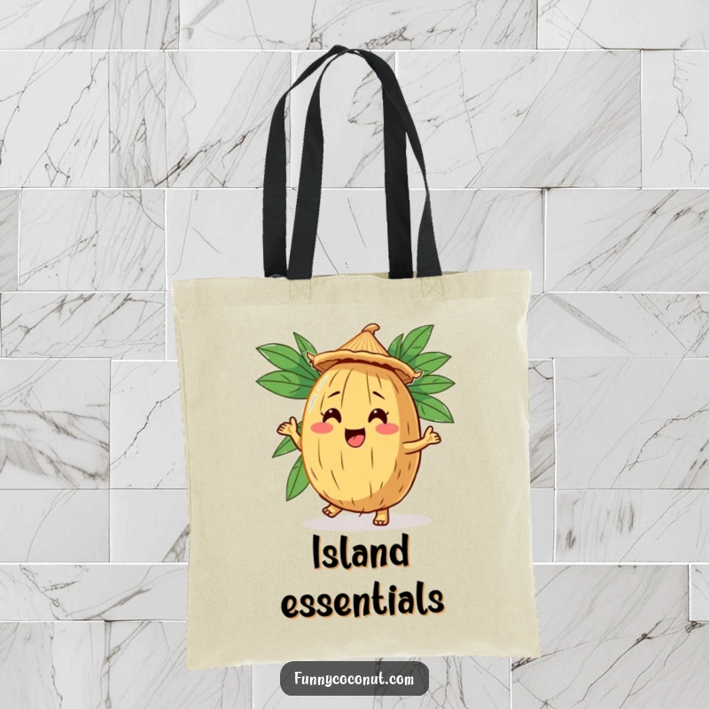 Funny Coconut Jig Tote Bag: A tote bag featuring a comical coconut character doing a jig, wearing a straw hat.