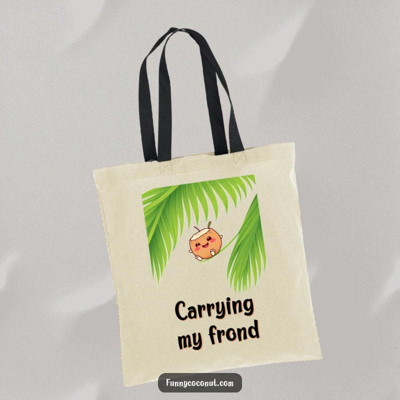 Funny smiling coconut character happily sliding down a palm frond, a stylish and spacious tote bag.