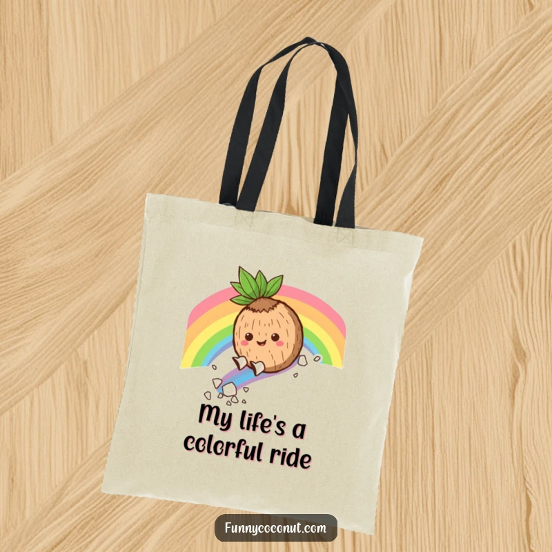 Funny Tote Bag: A happy coconut character enjoys a thrilling slide down a rainbow, leaving a trail of delicious coconut flakes behind.