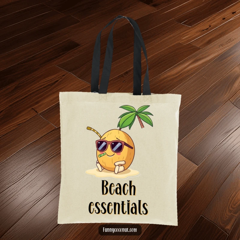 Funny coconut tote bag, a smiling coconut wearing sunglasses and a straw, lounging on a beach, perfect for beach days.