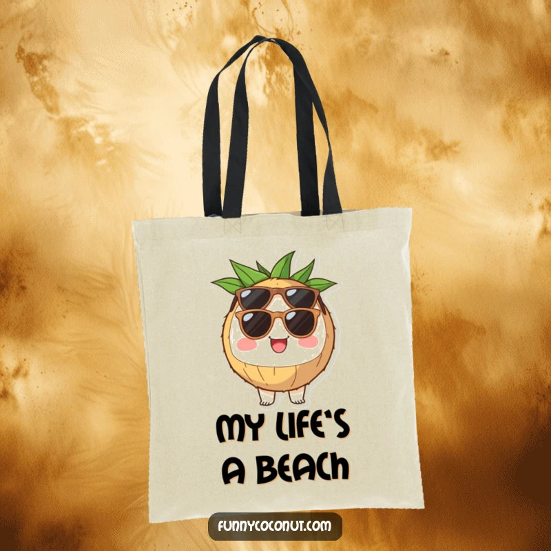Funny coconut half tote bag with sunglasses, looking incredibly cheerful and ready for adventure, great for carrying daily items.