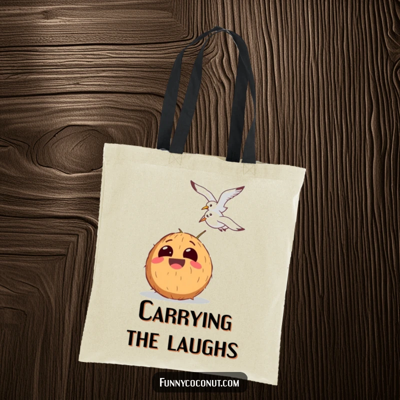 Funny tote bag showing a coconut laughing heartily with exaggerated eyes, captivated by a passing seagull, full of mirth.