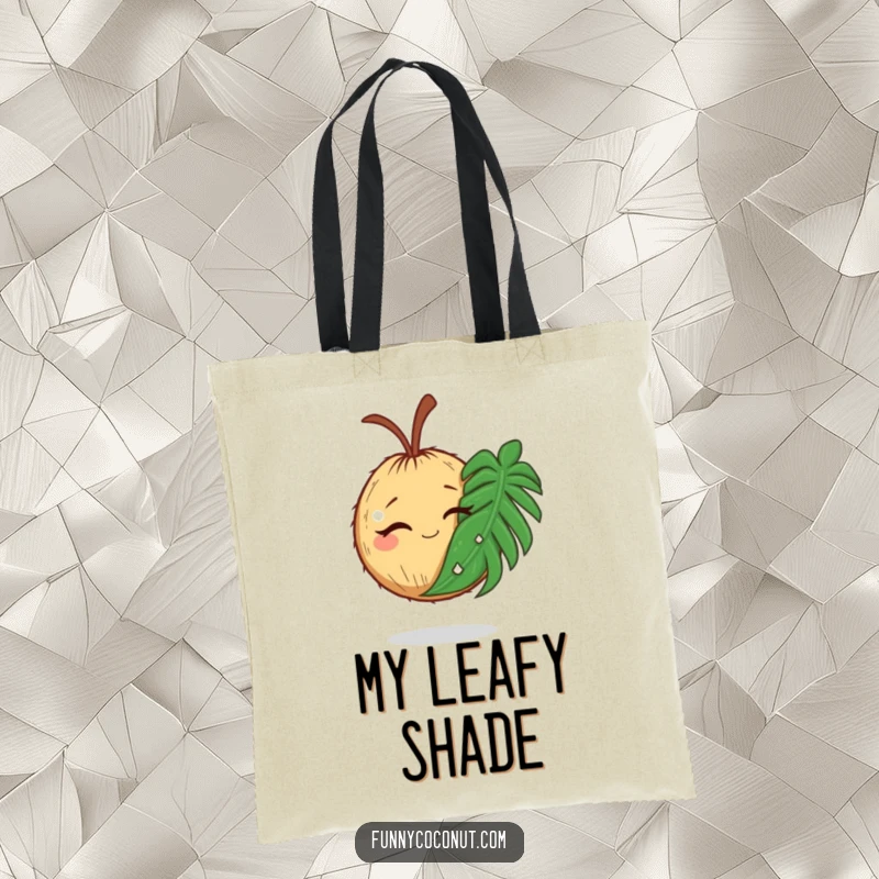 Funny tote bag featuring a winking coconut holding a comically large palm leaf, ideal for beach trips.