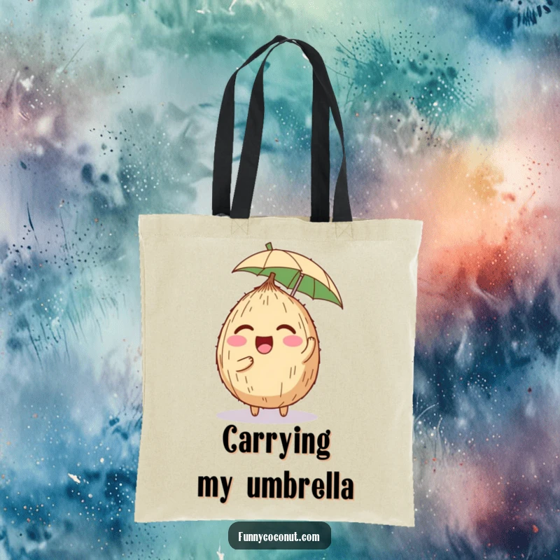 Funny tote bag illustration of a happy coconut character trying not to giggle while balancing a tiny umbrella on its head for a unique look.