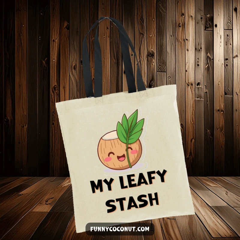 Funny coconut tote bag illustrating a laughing coconut character peeking from behind a small, tropical leaf, a delightful surprise.