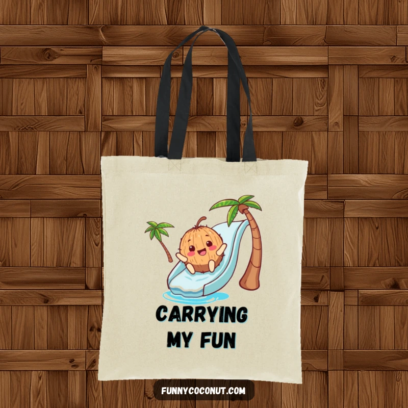 Funny Tote Bag: A joyful coconut character in motion, sliding down a vibrant blue waterslide, perfect for carrying summer essentials humorously.