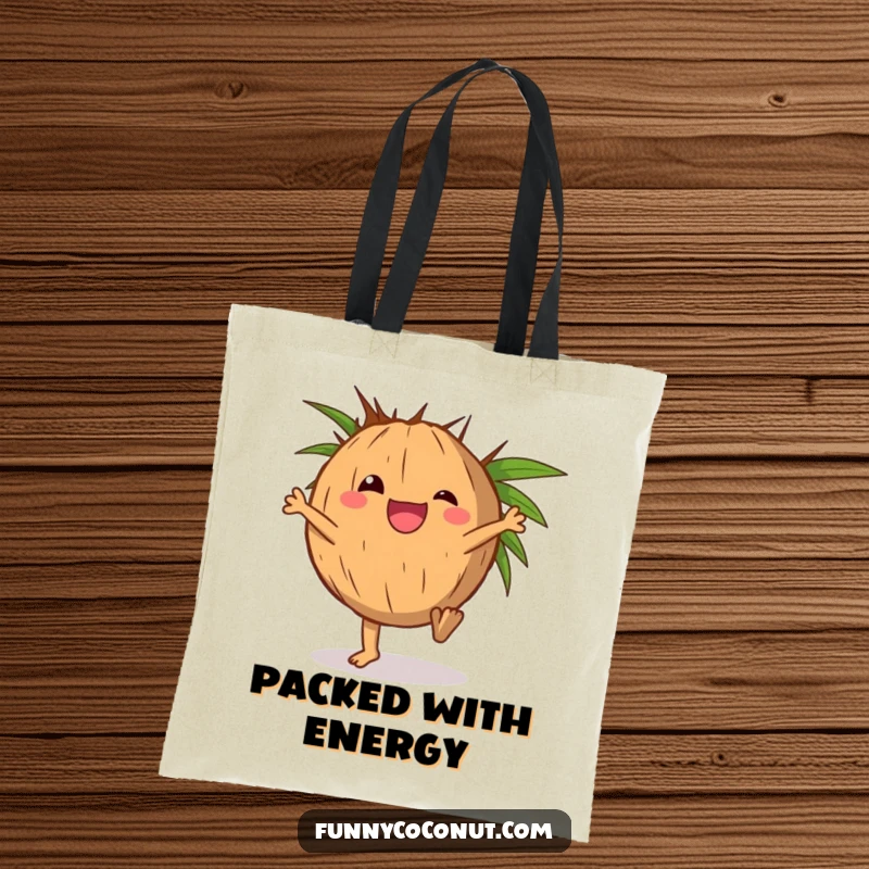 Funny tote bag with a delighted coconut character doing a cartwheel with its husk.