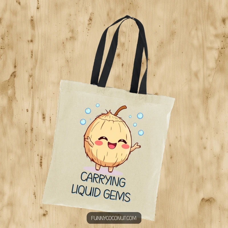 Funny giggling coconut character tote bag, juggling dewdrops with delight, practical and humorous for everyday use.