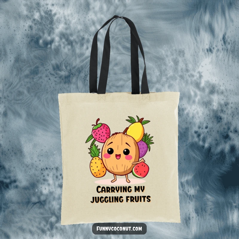 Funny tote bag with a happy coconut character juggling three assorted tropical fruits, ready for everyday adventures.