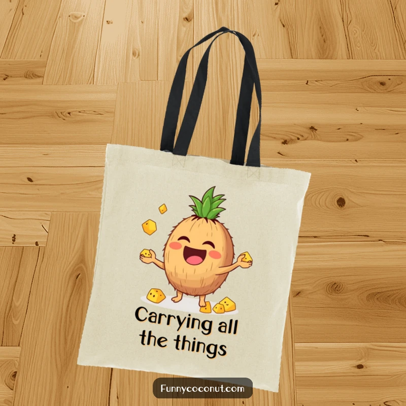 Funny tote bag depicting a laughing coconut character skillfully juggling several tiny pineapple chunks with great enthusiasm.