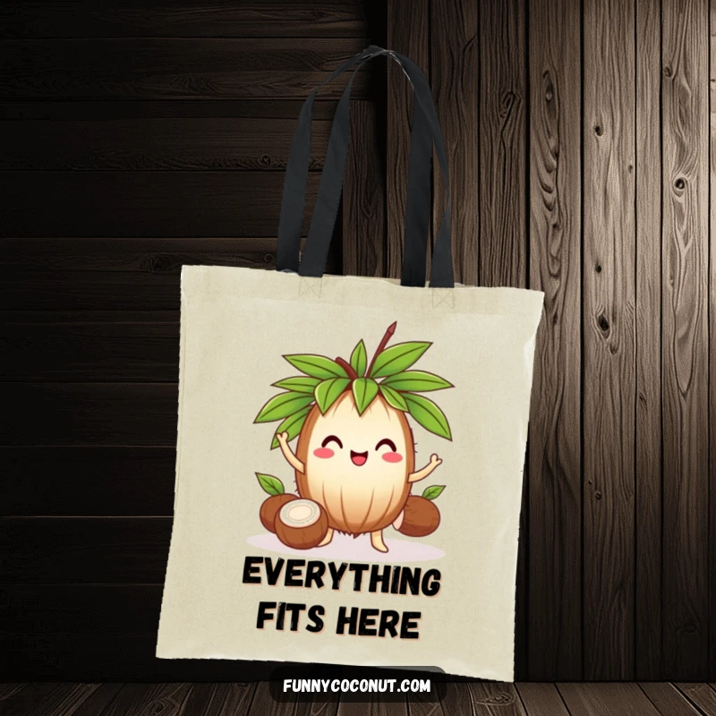 Funny coconut with a leafy crown juggling three smaller coconuts, a humorous and practical tote bag.