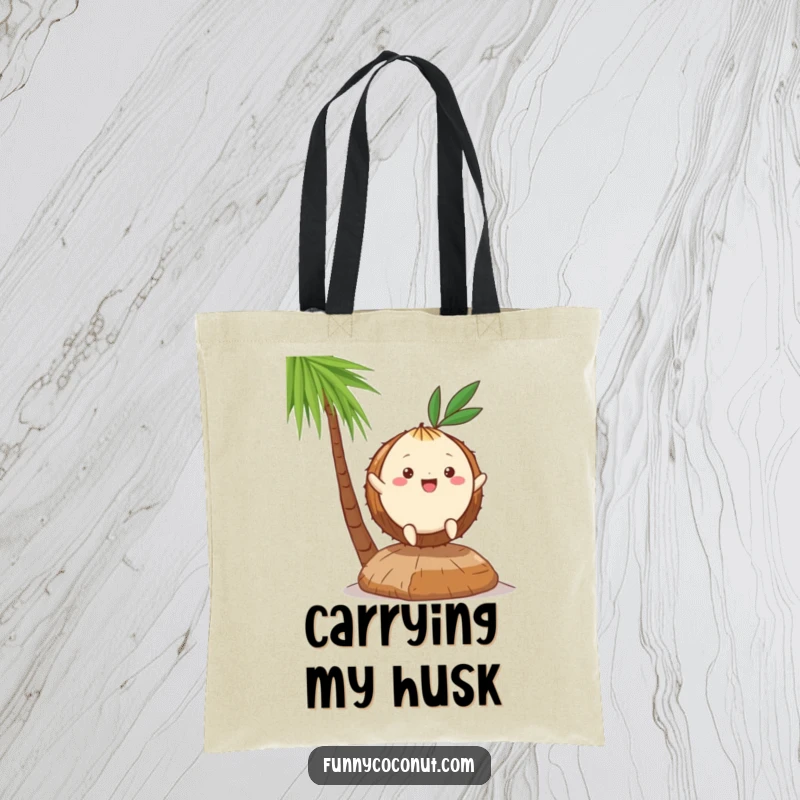 Funny Kawaii Coconut Tote Bag: a cute character enthusiastically hopping on one husk, displaying a lively and energetic tropical theme.