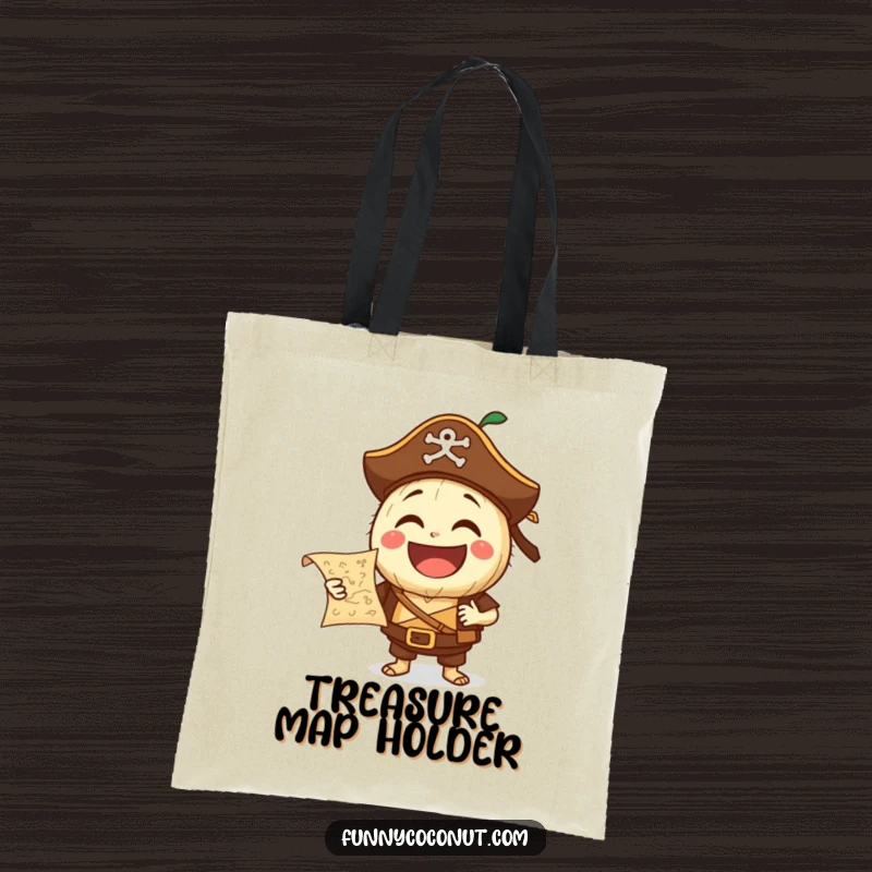 Funny Pirate Coconut Tote Bag: A laughing coconut character dressed as a pirate holds a treasure map, perfect for carrying essentials with swashbuckling flair.