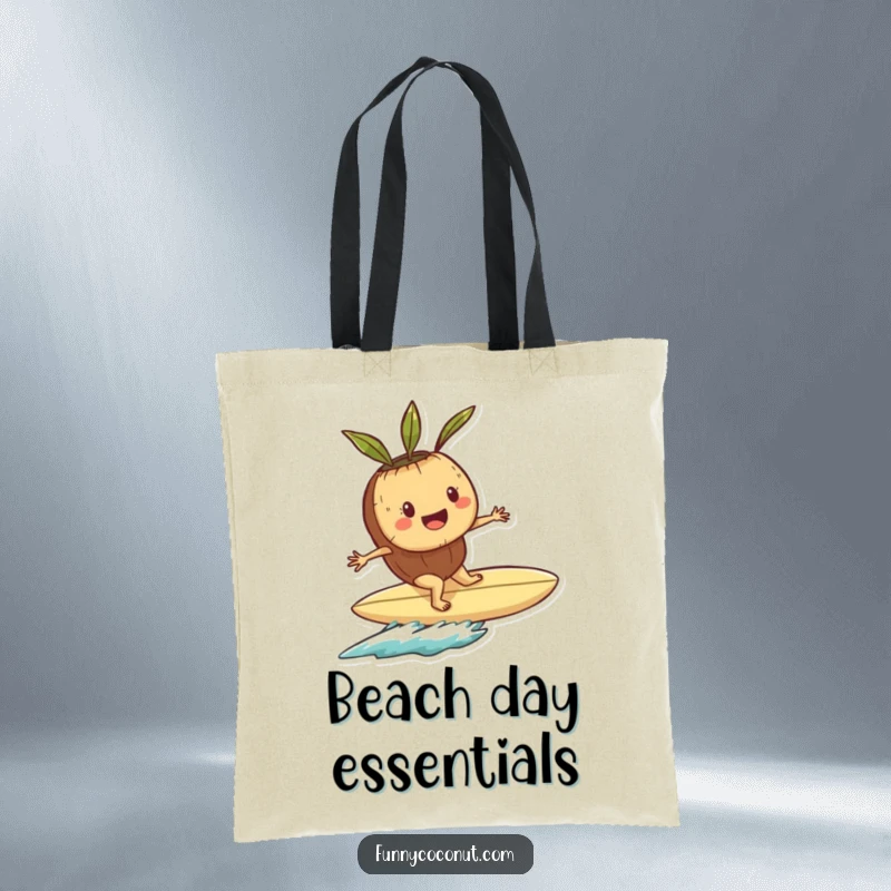 Funny tote bag with a smiling coconut character riding a seashell surfboard, ready for any adventure.