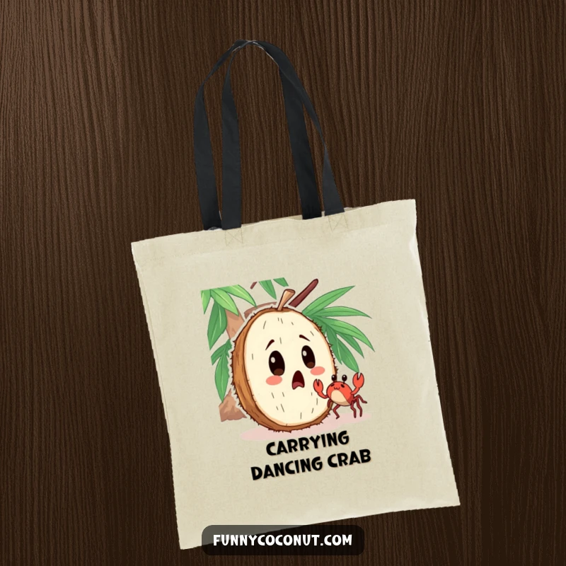 Funny tote bag featuring a surprised coconut character observing a tiny crab dancing nearby with noticeable astonishment.