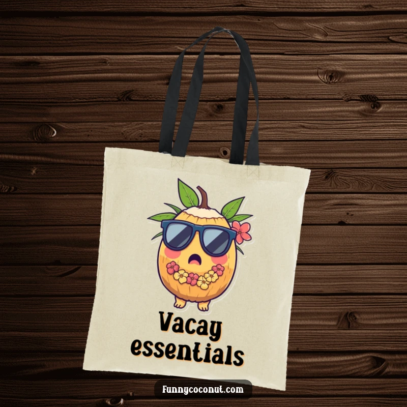 Funny tote bag with a surprised coconut wearing sunglasses and a lei, perfect for carrying beach essentials.