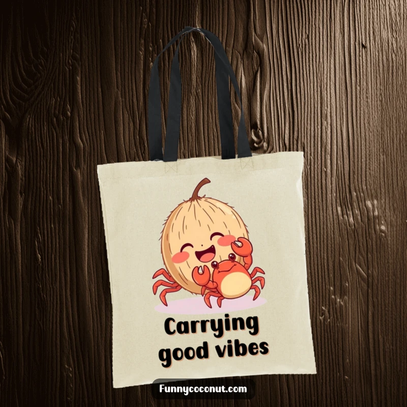 Funny coconut with rosy cheeks giggling while being tickled by a crab, a humorous and practical tote bag.