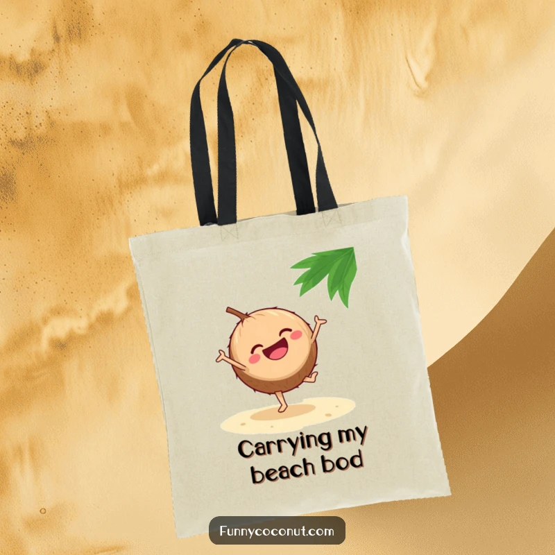 Funny tote bag showcasing a laughing coconut performing a cartwheel on a beach, ready to carry your items with energetic humor.