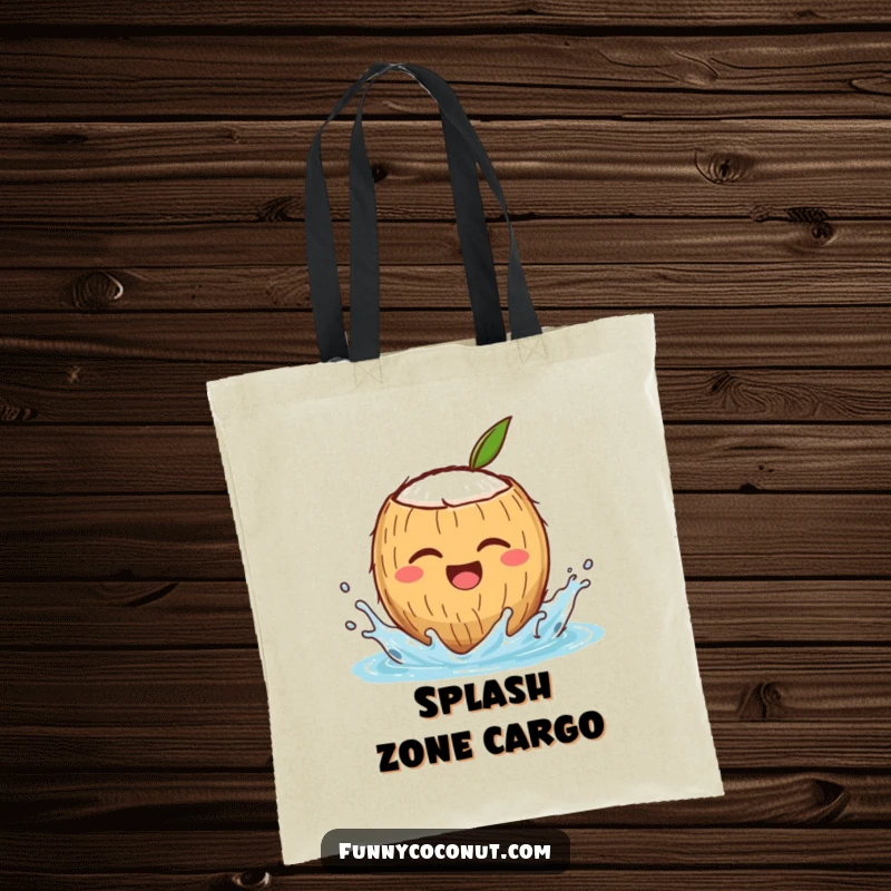 Funny tote bag depicting a winking coconut character joyfully splashing water, a humorous and practical beach accessory.