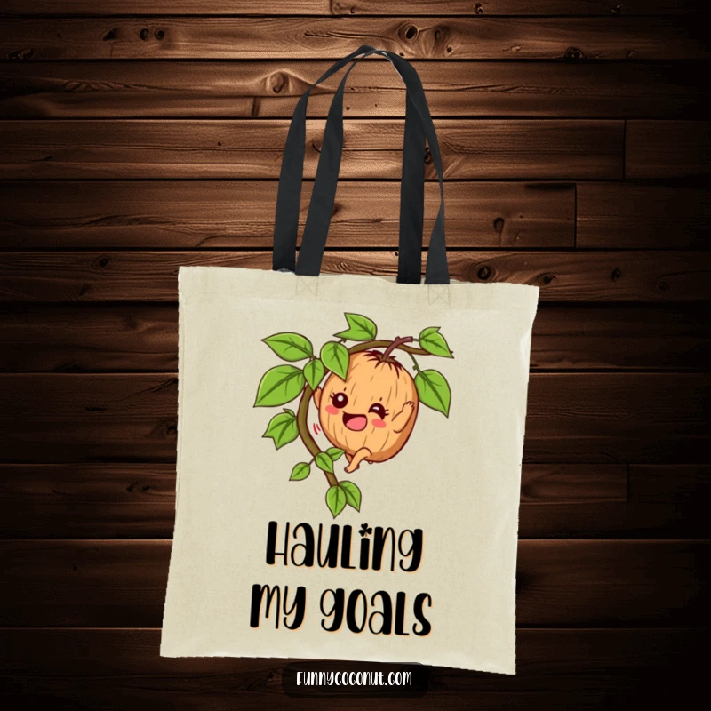 Funny Determined Coconut Tote Bag: A determined coconut character enthusiastically climbs a vine, offering a fun tropical vibe.
