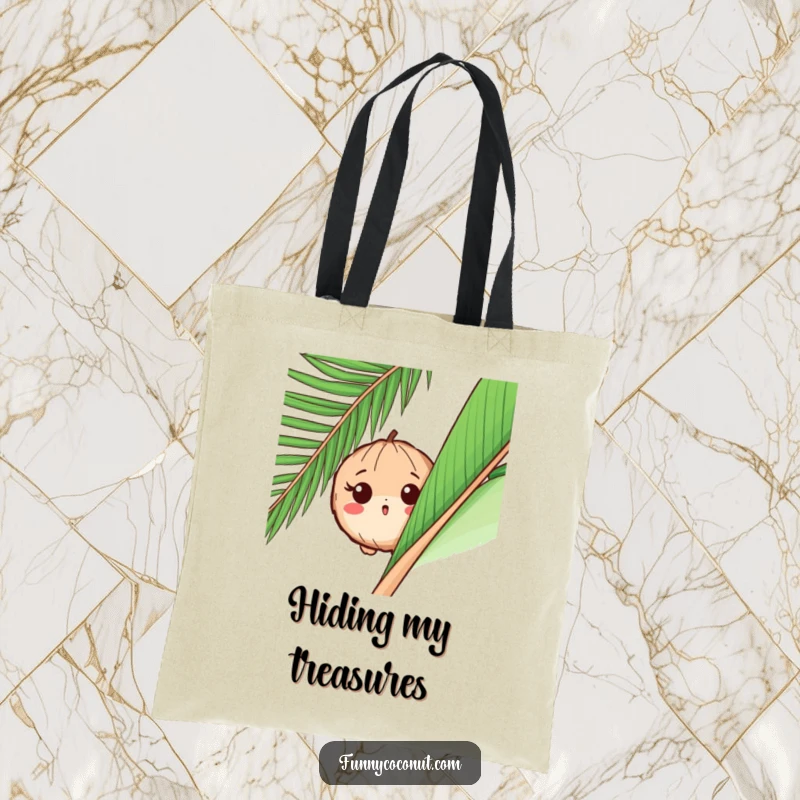 Funny tote bag showcasing a surprised coconut peeking from behind a palm leaf, ready to carry your items with playful mystery.