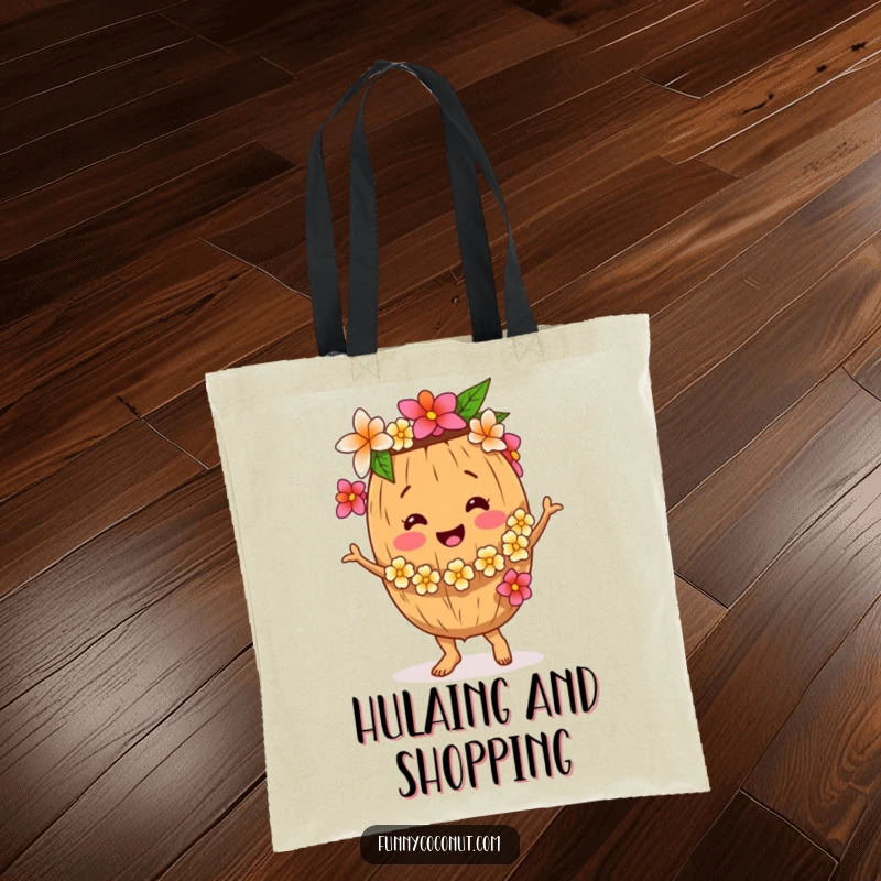 Funny Coconut Tote Bag, showing a smiling coconut character dancing with a flower lei, ideal for shopping and parties, a perfect funny gift.
