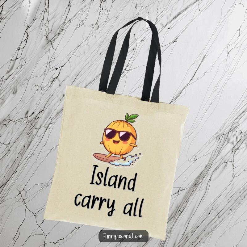 Funny Tote Bag of a smiling coconut character in sunglasses, surfing a small wave, ideal for beach trips.