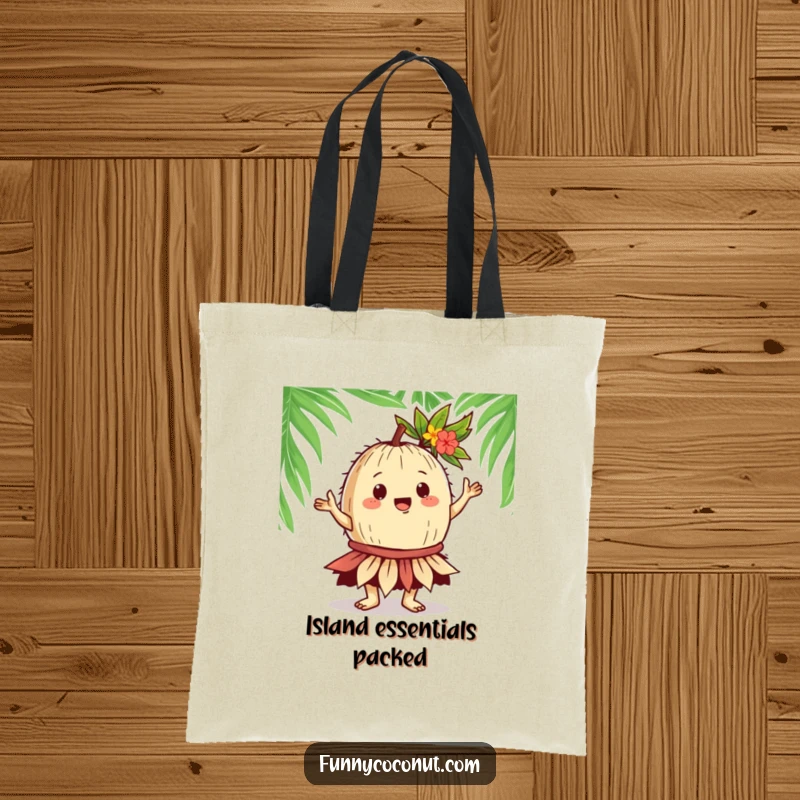 Funny Coconut Hula Dancer Tote Bag: A gregarious coconut character in a leafy skirt performs a hula dance, perfect for carrying essentials with tropical charm.