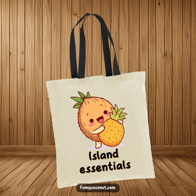 Funny coconut tote bag illustrating a coconut character playfully bopping a miniature pineapple with its husk, tropical charm.