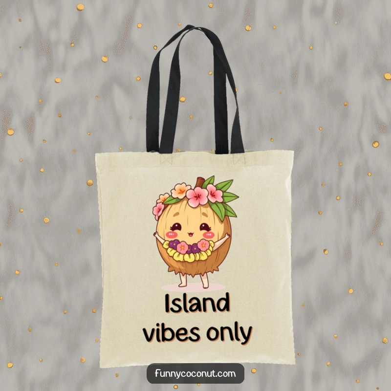 Funny tote bag illustration of a coconut wearing a tiny lei, dancing the hula, ready to carry your treasures.