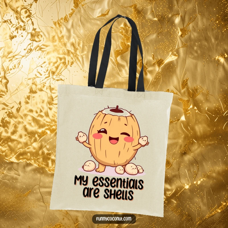 Funny Tote Bag: A cheeky winking coconut juggles a trio of smiling seashells, ready for your next seaside adventure.