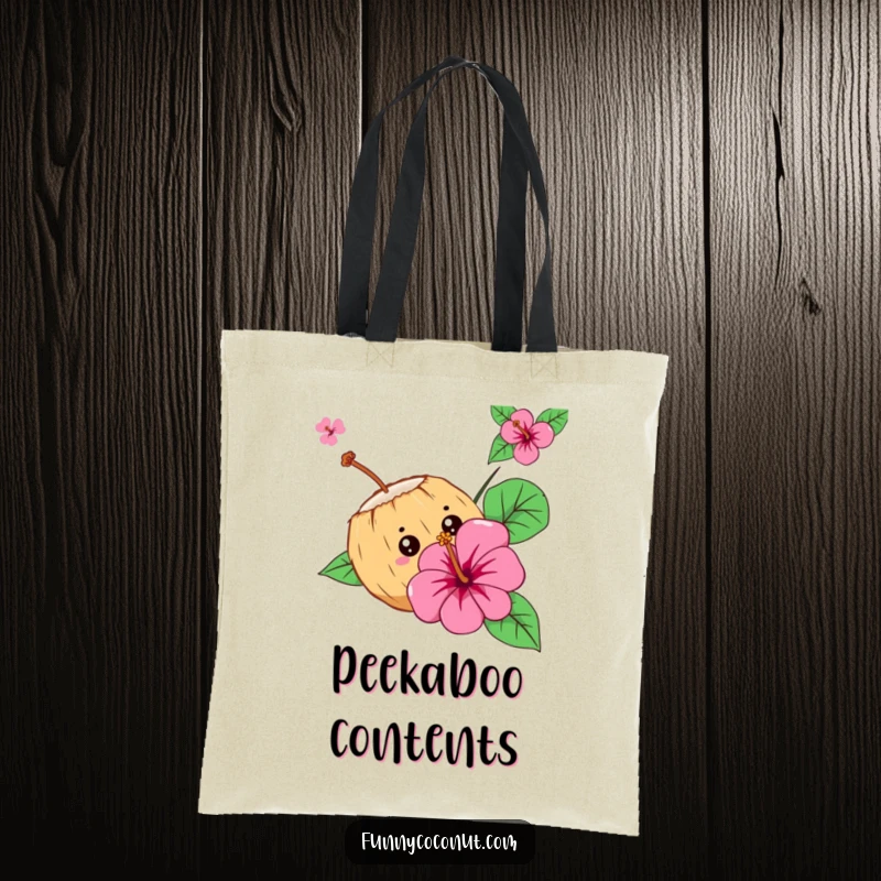 Funny Curious Coconut Tote Bag: A curious coconut character peeks from behind a hibiscus flower, adding tropical charm and humor.