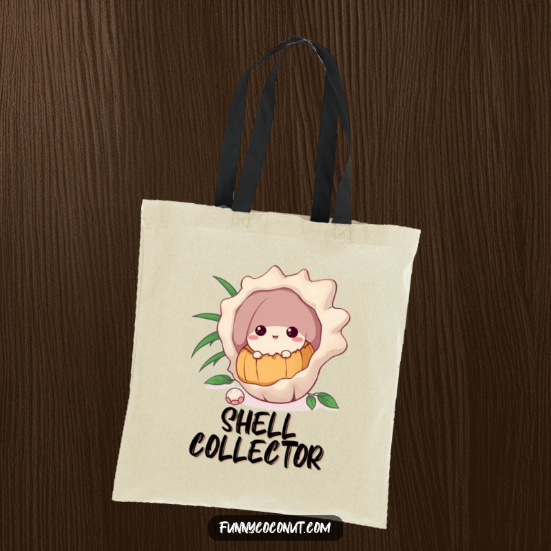 Funny tote bag showing a curious coconut peeking from behind a large seashell, symbolising exploration and discovery.