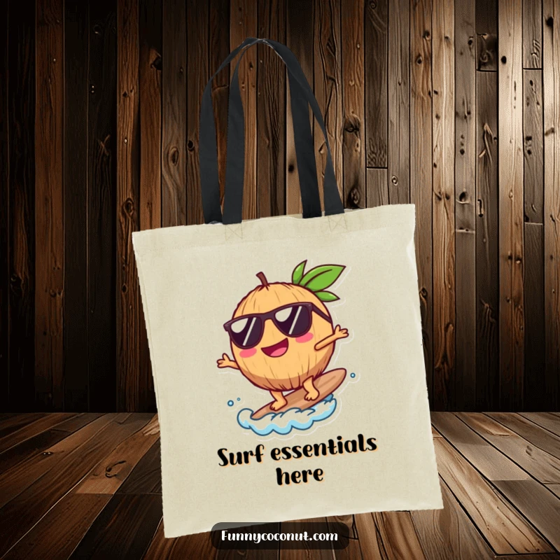Funny Coconut Tote Bag, showing a happy coconut character with sunglasses surfing, ideal for beach trips and shopping, a perfect funny gift.